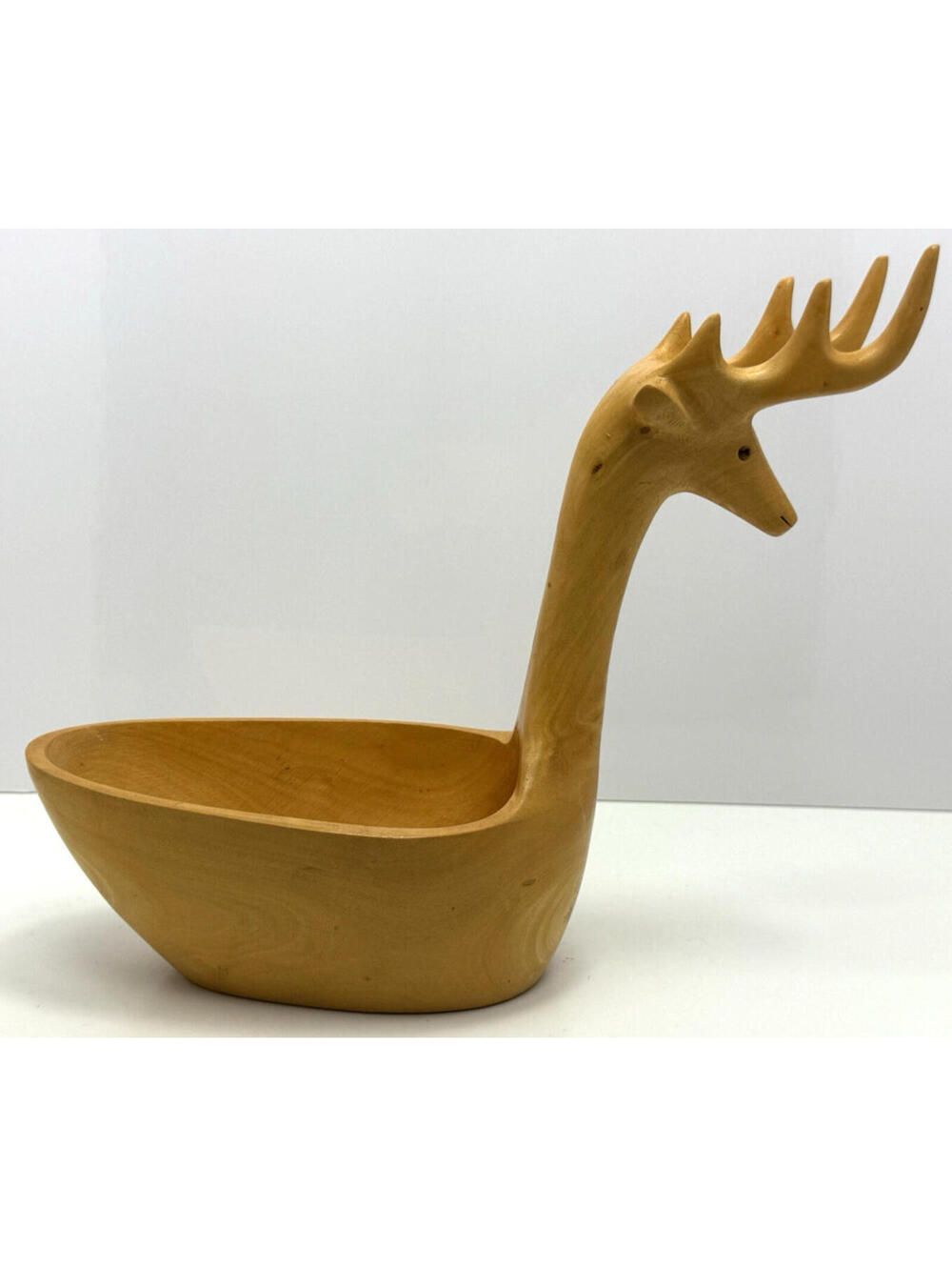 Vtg Deer Stag Reindeer Hand Carved Wooden Bowl Folk Art Scandinavian Style